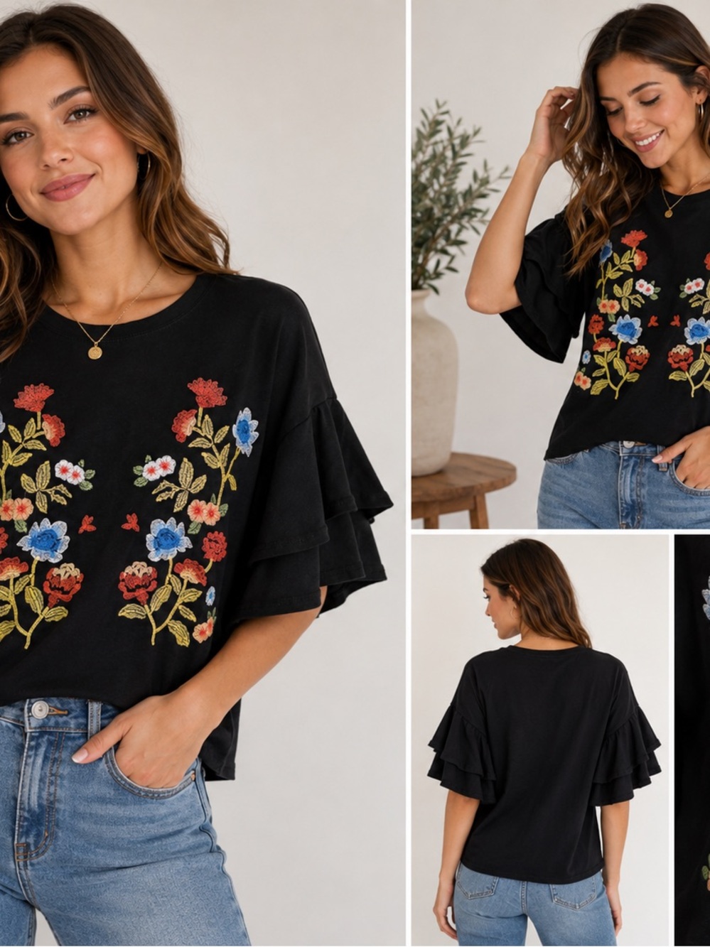 Blu Pepper Black Embroidered Floral Ruffle Sleeve Top Boho Cottagecore Size Larg